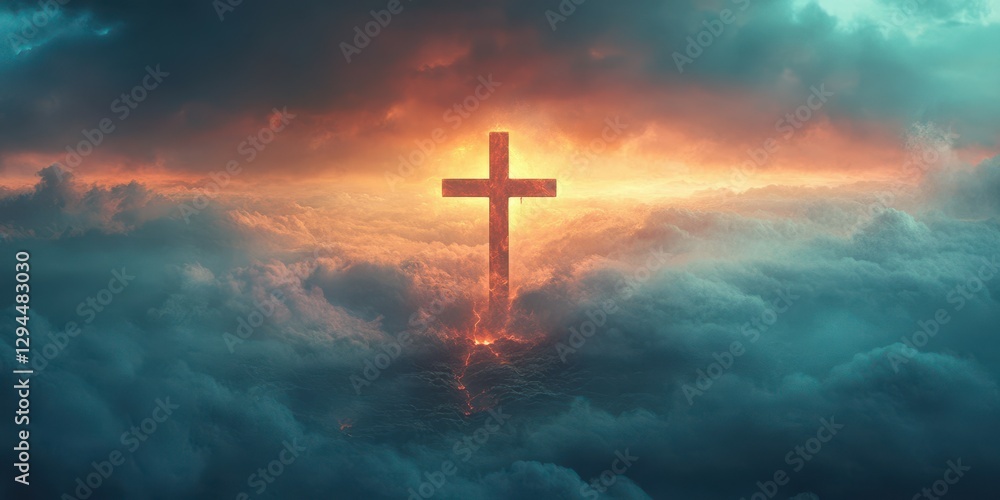 Obraz premium Serene cross illuminated by radiant light amidst billowing clouds at dawn