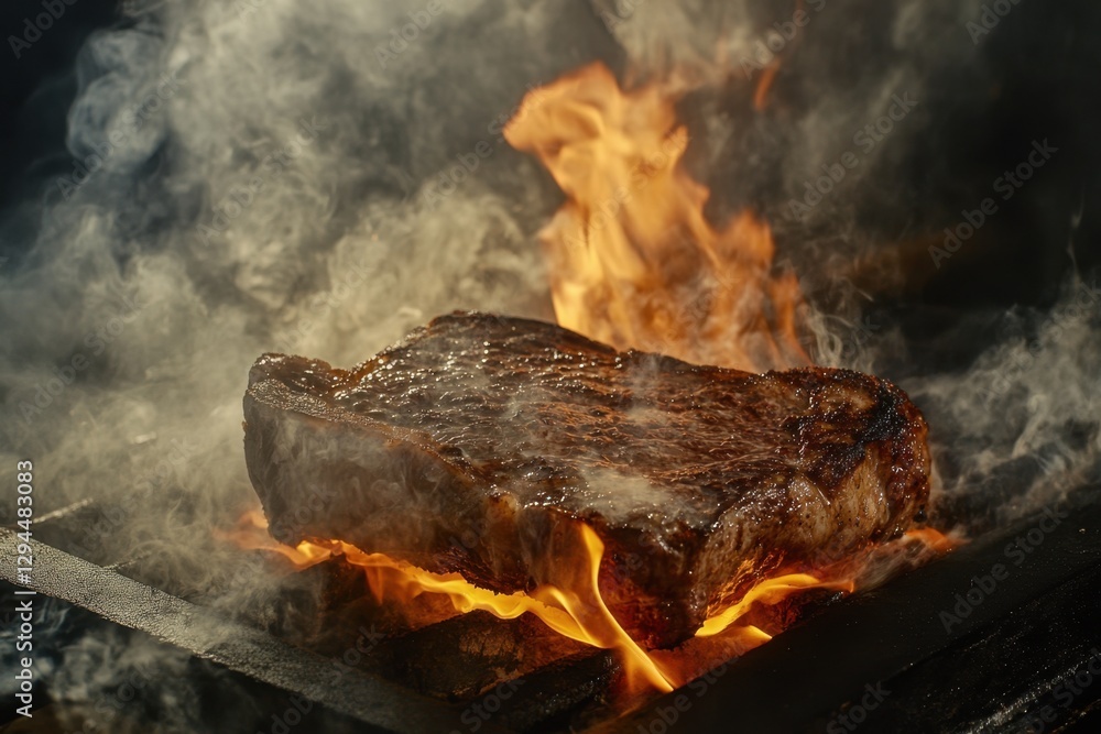 Naklejka premium Sizzling Medium-Rare Steak Cooking on Grill Restaurant Kitchen Food Photography High-Heat Environment Close-Up View Culinary Art