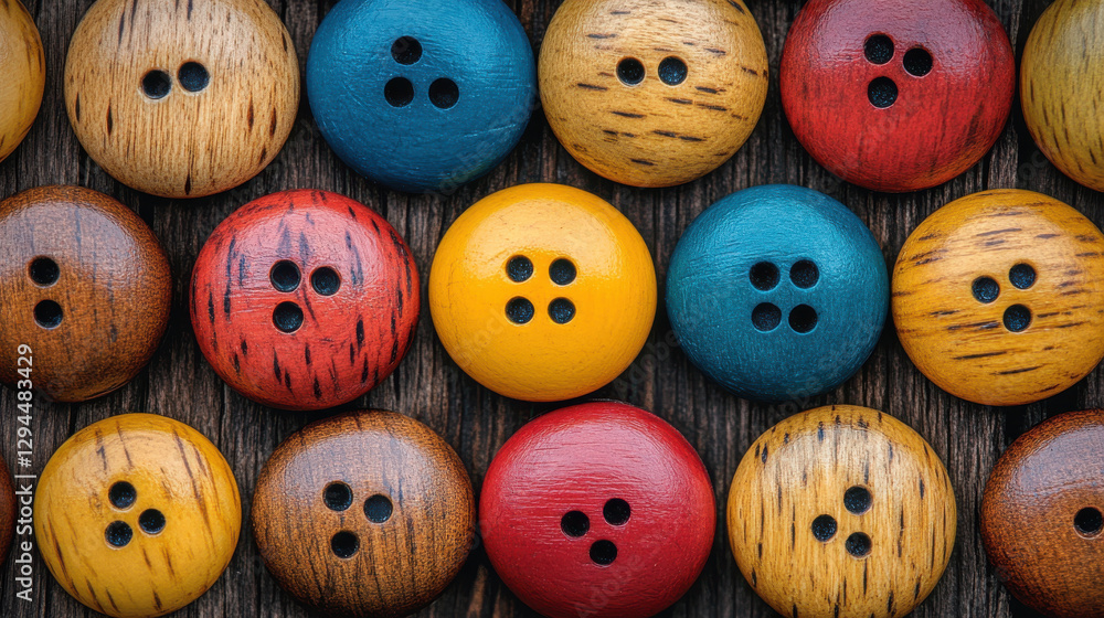 Colorful wooden buttons arranged on wooden surface, showcasing various designs and hues Colorful wooden buttons arranged on wooden surface, showcasing various designs and hues