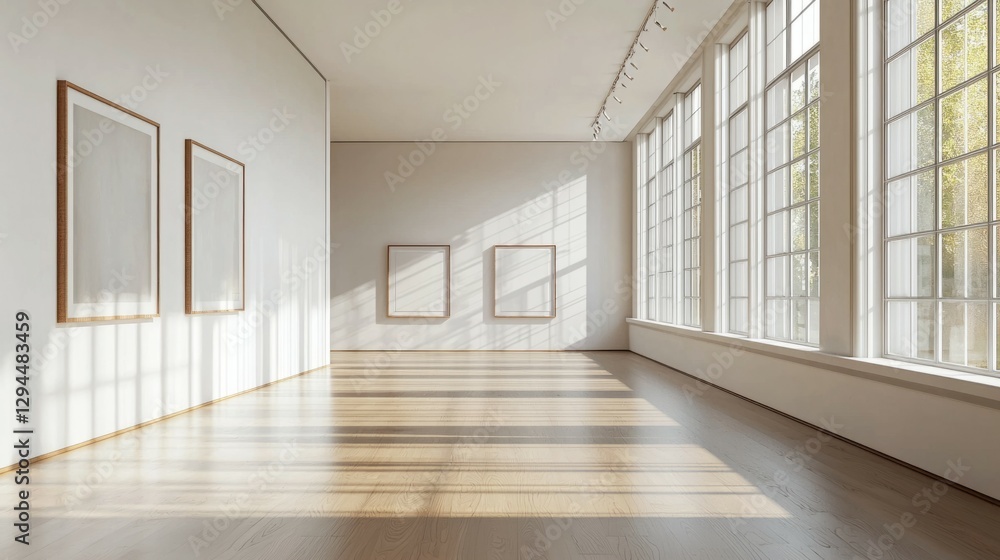 Bright and Spacious Art Gallery Interior with Natural Light Streaming Bright and Spacious Art Gallery Interior with Natural Light Streaming