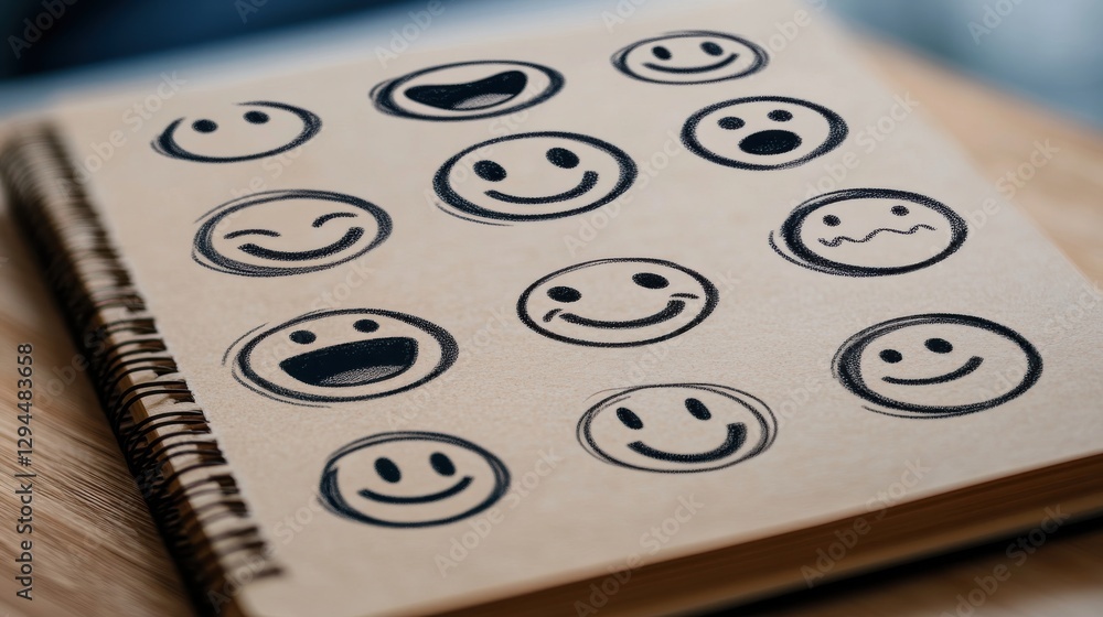 Emotive Sketches of Smiley Faces in a Sketchbook on a Wooden Table Emotive Sketches of Smiley Faces in a Sketchbook on a Wooden Table