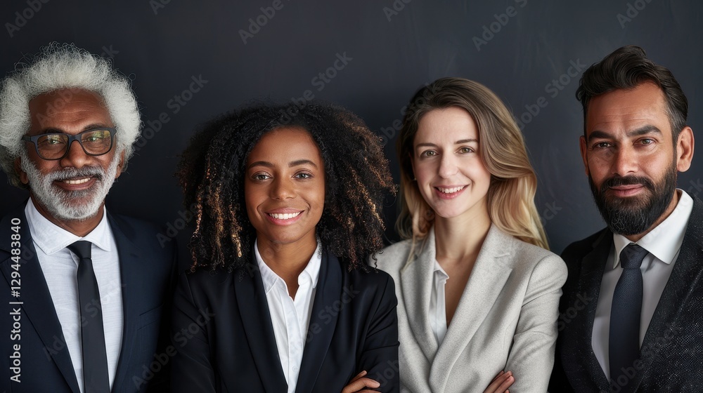 Diverse professional team in formal attire posing confidently against a black background, showcasing teamwork and corporate success. Diverse professional team in formal attire posing confidently against a black background, showcasing teamwork and corporate success.