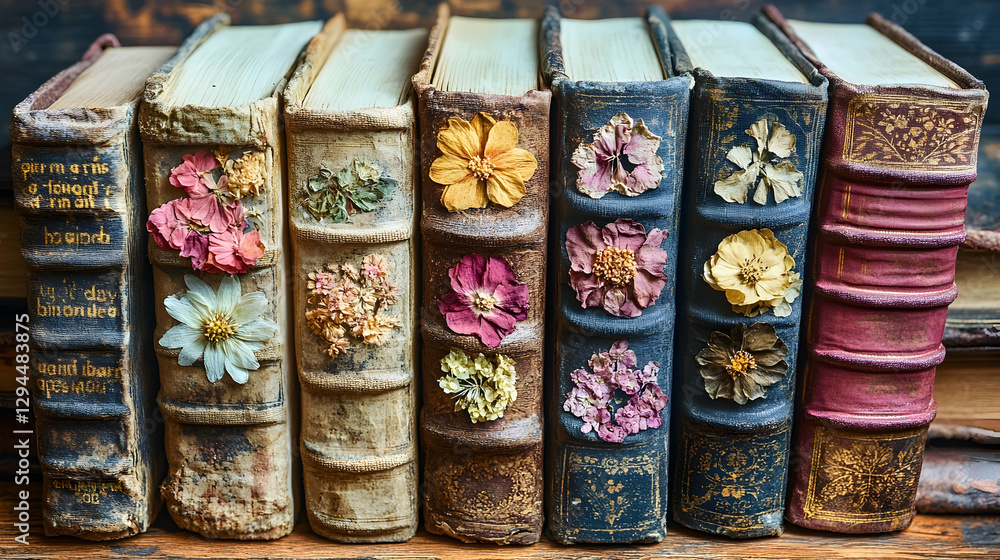 Fototapeta premium Vintage books with pressed flowers