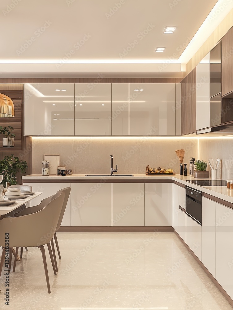 Fototapeta premium Modern and well lit kitchen displays elegance and functionality