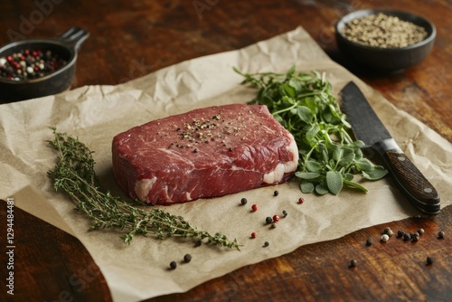 Preparing a Juicy Steak with Fresh Herbs in a Rustic Kitchen Capturing the Essence of Culinary Artistry