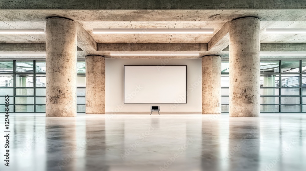 Obraz premium Modern Conference Room Empty Space Blank Projector Screen Concrete Pillars Large Windo