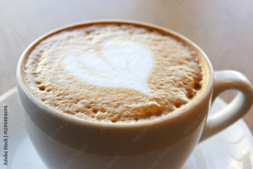 Cup of cappuccino on wooden table in cafe Cup of cappuccino on wooden table in cafe