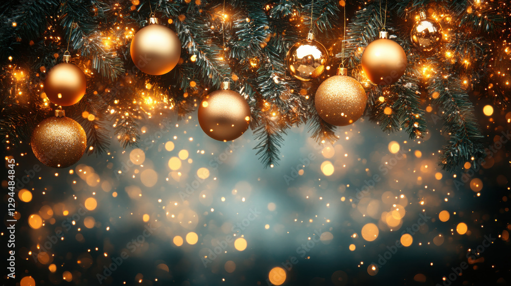 festive Christmas tree adorned with golden ornaments and sparkling lights creates warm holiday atmosphere festive Christmas tree adorned with golden ornaments and sparkling lights creates warm holiday atmosphere
