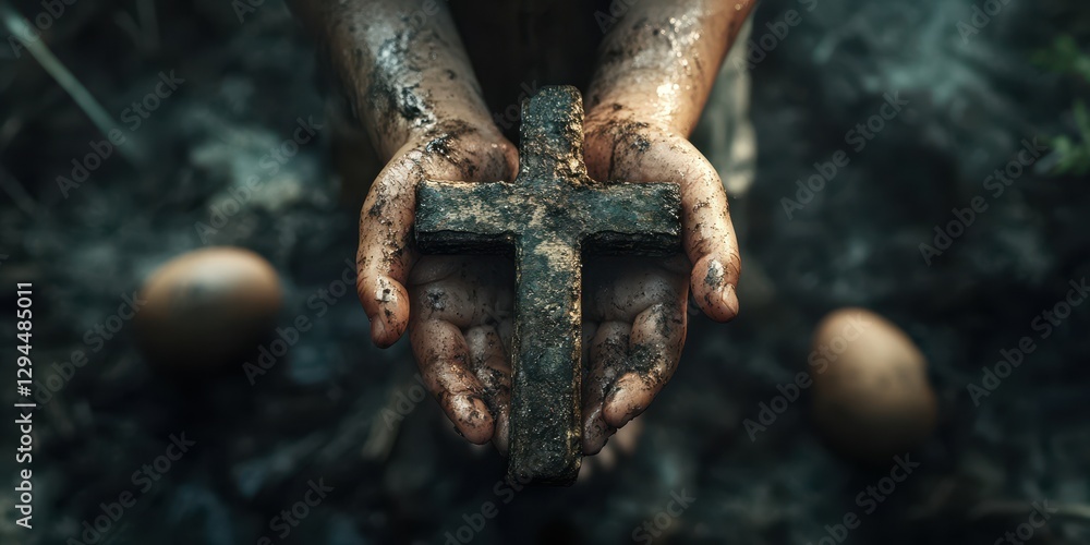 Hands holding a weathered cross surrounded by earth and eggs in a serene outdoor setting Hands holding a weathered cross surrounded by earth and eggs in a serene outdoor setting