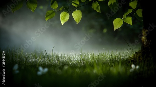 Serene Morning Dew  Misty Grass  Green Leaves  Tranquil Nature Scene