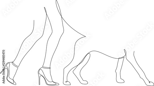 Continuous one line drawing of female legs and dog paws on a walk. Girl in high heels walking with a dog. Elegant abstract single line illustration, editable stroke.