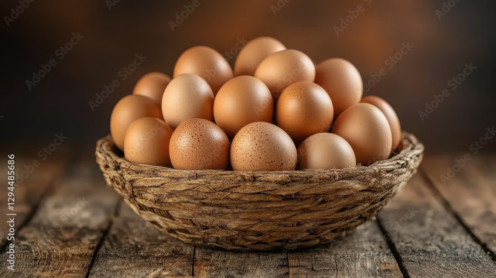 Fresh brown eggs in rustic basket on wooden table create warm, inviting scene Fresh brown eggs in rustic basket on wooden table create warm, inviting scene