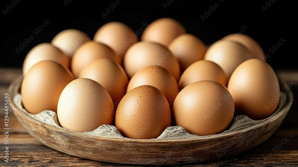 Fresh brown eggs arranged in rustic wooden bowl, showcasing their natural beauty and texture Fresh brown eggs arranged in rustic wooden bowl, showcasing their natural beauty and texture
