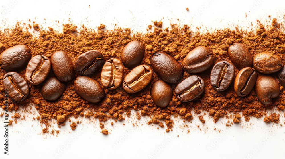 Scattered coffee beans and ground coffee powder create rich texture Scattered coffee beans and ground coffee powder create rich texture