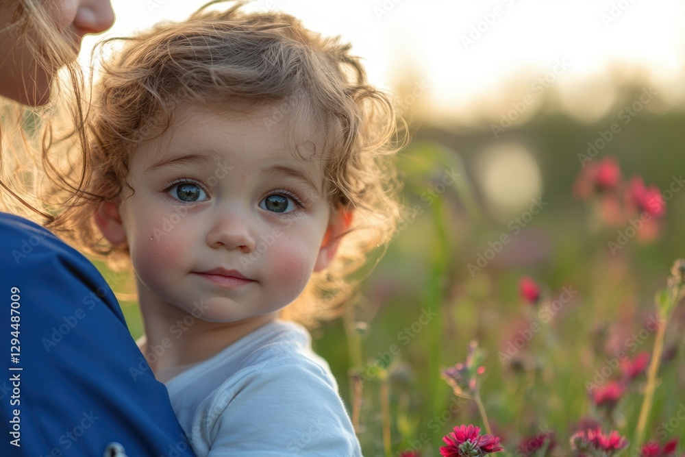 Adorable toddler with curly hair, rosy cheeks, and captivating green eyes, embraced by a loving parent in a sunlit meadow. Adorable toddler with curly hair, rosy cheeks, and captivating green eyes, embraced by a loving parent in a sunlit meadow.