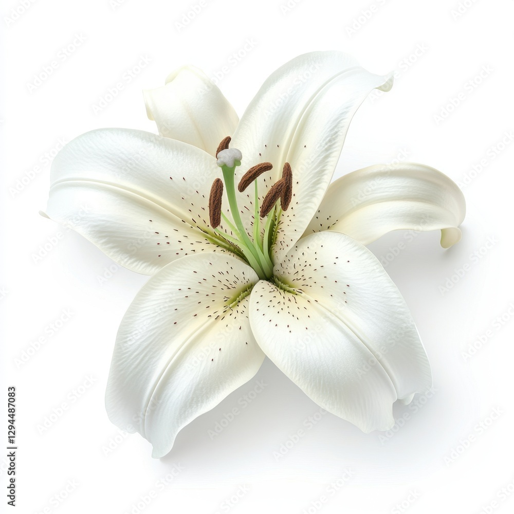 Elegant white lily blossom with detailed stamen on a clean background capturing nature's beauty in a botanical style perfect for floral designs Elegant white lily blossom with detailed stamen on a clean background capturing nature's beauty in a botanical style perfect for floral designs