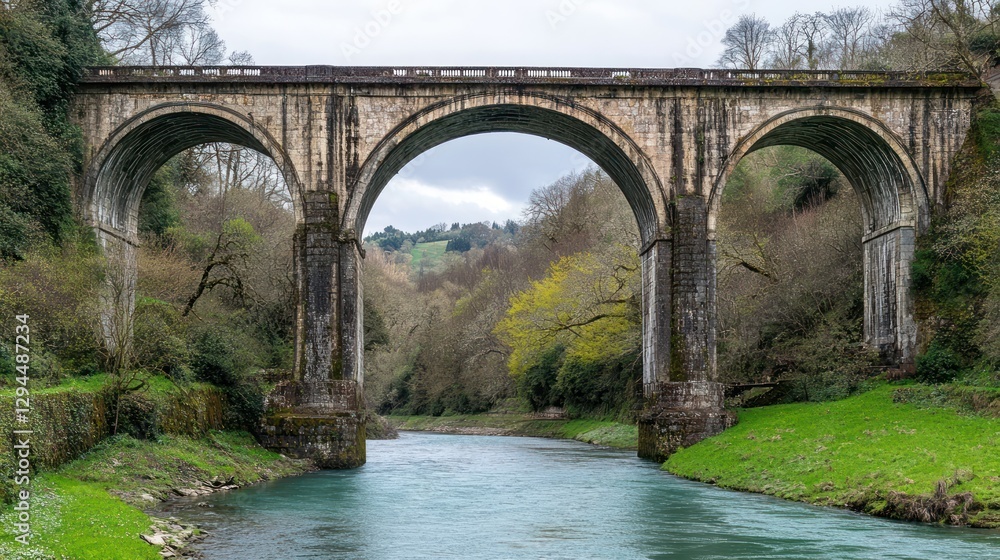 Fototapeta premium Historic stone bridge over a serene river in a lush valley