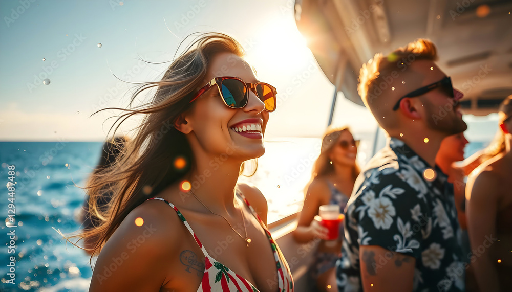 Illustration jeune femme sur un yacht de luxe