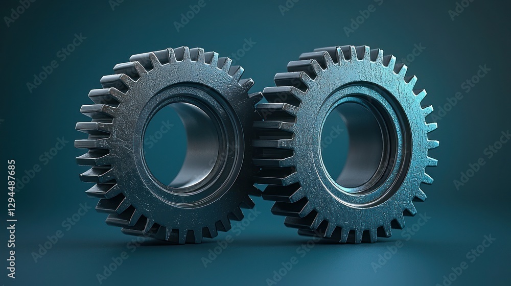 Two Interlocked Gears on Teal Background Two Interlocked Gears on Teal Background