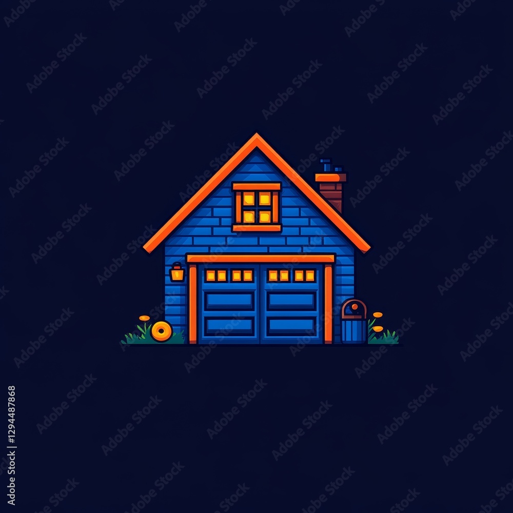 Stylish blue house with garage and warm lighting in a nighttime setting Stylish blue house with garage and warm lighting in a nighttime setting
