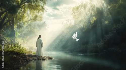 Divine Revelation of Jesus Christ with Radiant Light and Dove Descending from Heaven in a Serene Biblical Scene