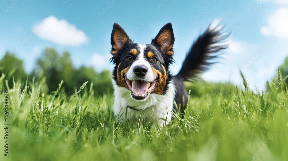 Happy Border Collie Dog Playing in Green Grass Meadow Happy Border Collie Dog Playing in Green Grass Meadow