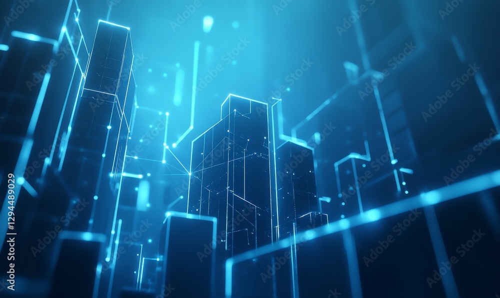 Futuristic cityscape, digital lines, glowing network, connecting buildings Futuristic cityscape, digital lines, glowing network, connecting buildings