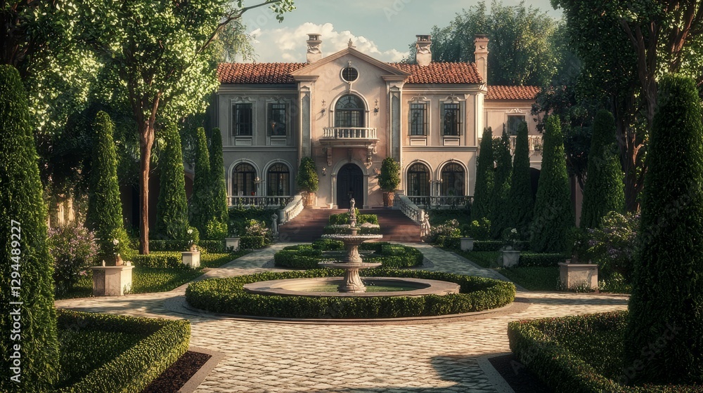 Obraz premium Elegant Villa Surrounded by Lush Greenery and Manicured Gardens