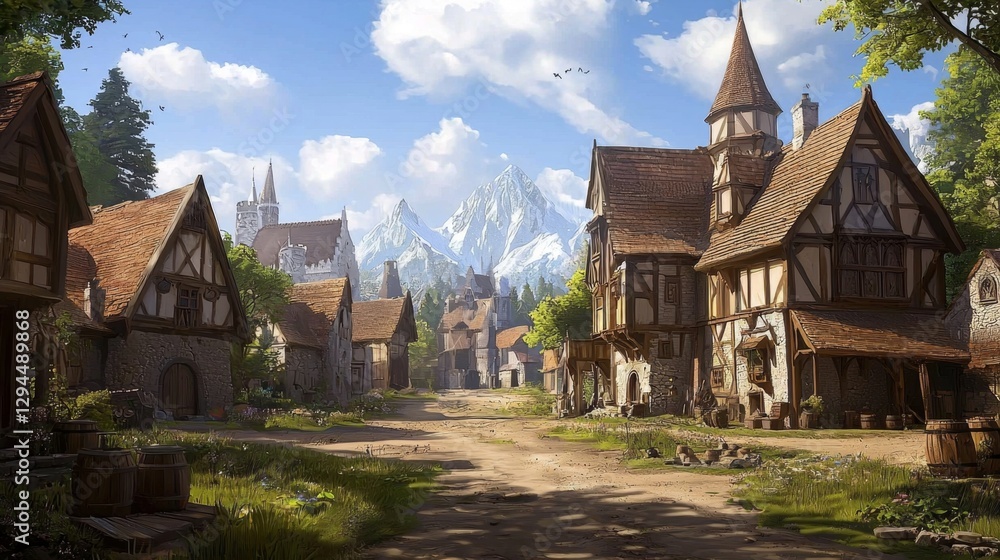 Fototapeta premium Immersive visuals showcasing charming village life in a role-playing game.