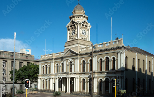 South Africa. Port Elizabeth Gqeberha City Hall. Grand historic building with a clock tower in Market Square.