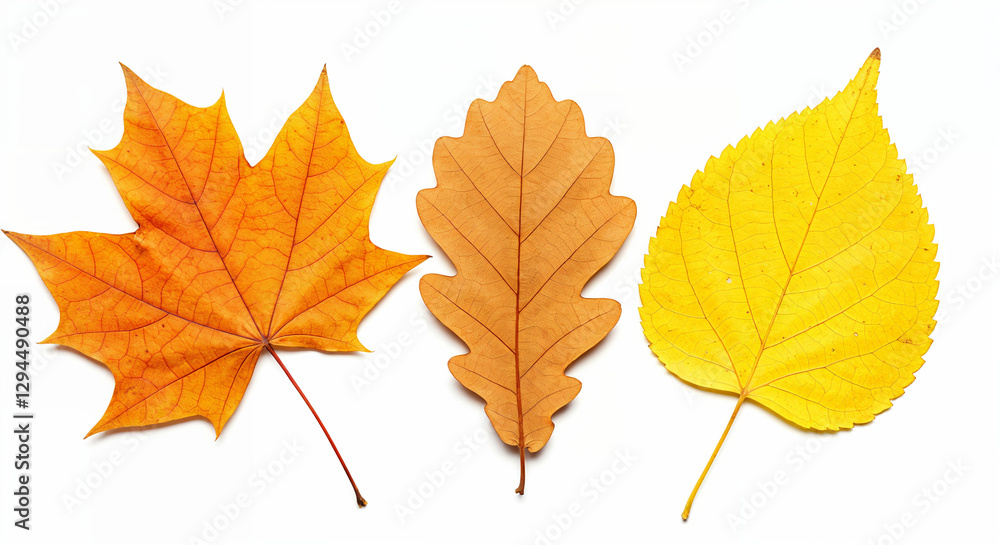 Detailed photo of autumn maple leaf, oak leaf, and poplar leaf lying together on a white background. Each leaf showcases realistic textures, veins Detailed photo of autumn maple leaf, oak leaf, and poplar leaf lying together on a white background. Each leaf showcases realistic textures, veins