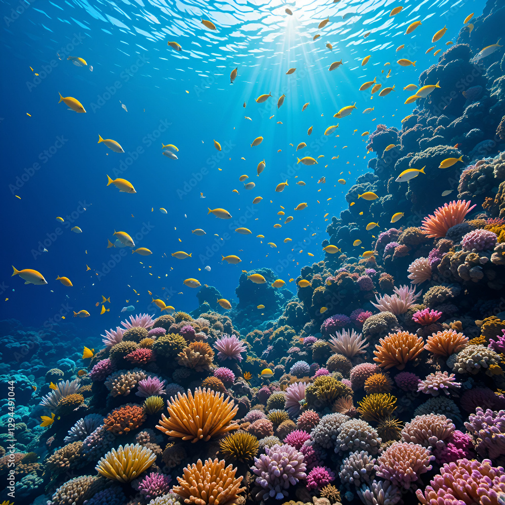Naklejka premium Vibrant Coral Reef Ecosystem with Yellow Fish Underwater