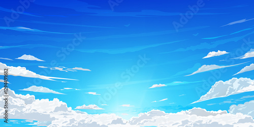 Blue sky, cloud background,Cartoon scene anime nature style,Sunny day summer with sunlight shining, white fluffy cloudy on clear sky,Vector illustration of heaven with bright light  in spring season