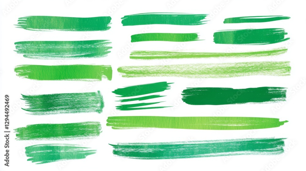Obraz premium Green brush strokes on white background featuring varied shades and styles