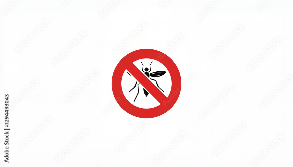 No mosquitoes warning sign with a crossed mosquito symbol on a white background No mosquitoes warning sign with a crossed mosquito symbol on a white background