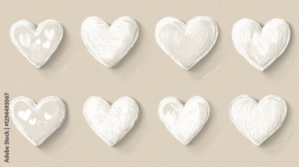 Fototapeta premium Set of eight hand-drawn white hearts on beige background