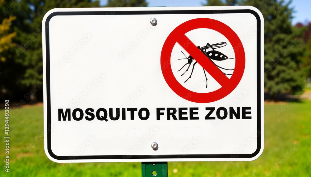 Warning sign about Mosquito Free Zone with bright colors in a green park Warning sign about Mosquito Free Zone with bright colors in a green park