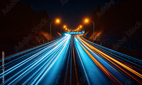 light trails on the bridge at night