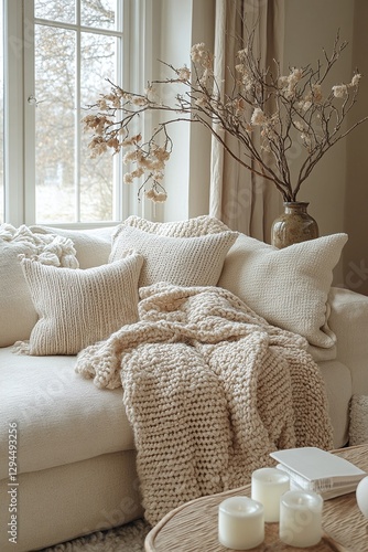 cozy living room in Scandinavian rustic style with a white sofa	
