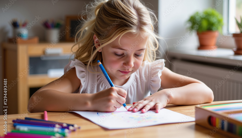 Young girl focused on drawing with colored pencils in a cozy indoor environment Young girl focused on drawing with colored pencils in a cozy indoor environment