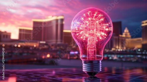 Light bulb with cross symbol illuminated by las vegas neon lights in a vibrant night scene
