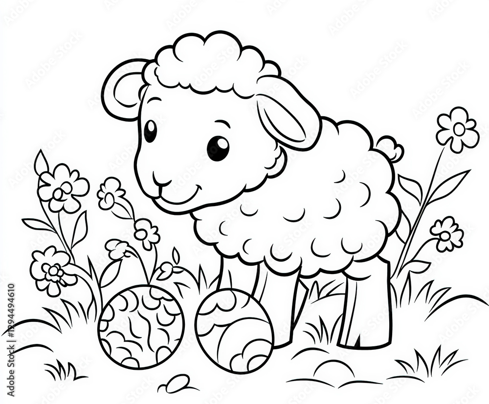 Obraz premium A friendly lamb playing with colorful eggs, coloring page for kids, simple outline illustration. Coloring book.