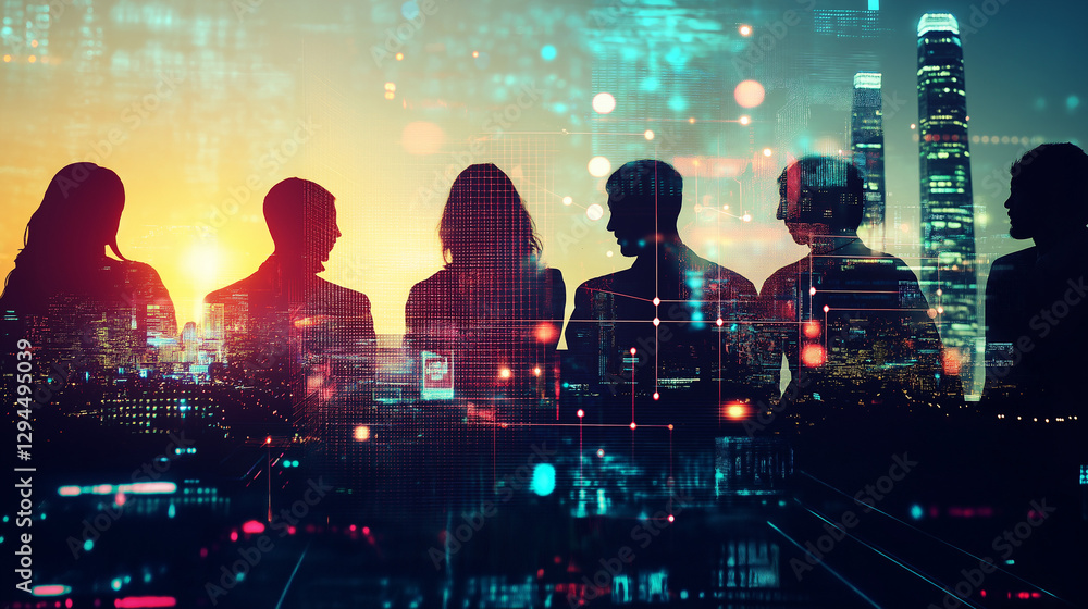 Fototapeta premium Silhouetted Business People Facing City Skyline Symbolizing Collaboration