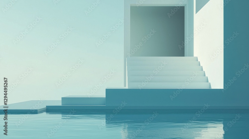 Fototapeta premium Minimalist Architecture with Water and Steps in Serene Ambient Light