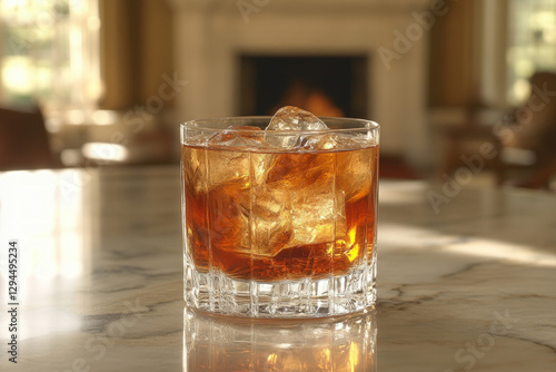 A glass of Drambuie on a table, elegant and luxurious, beverage theme photo