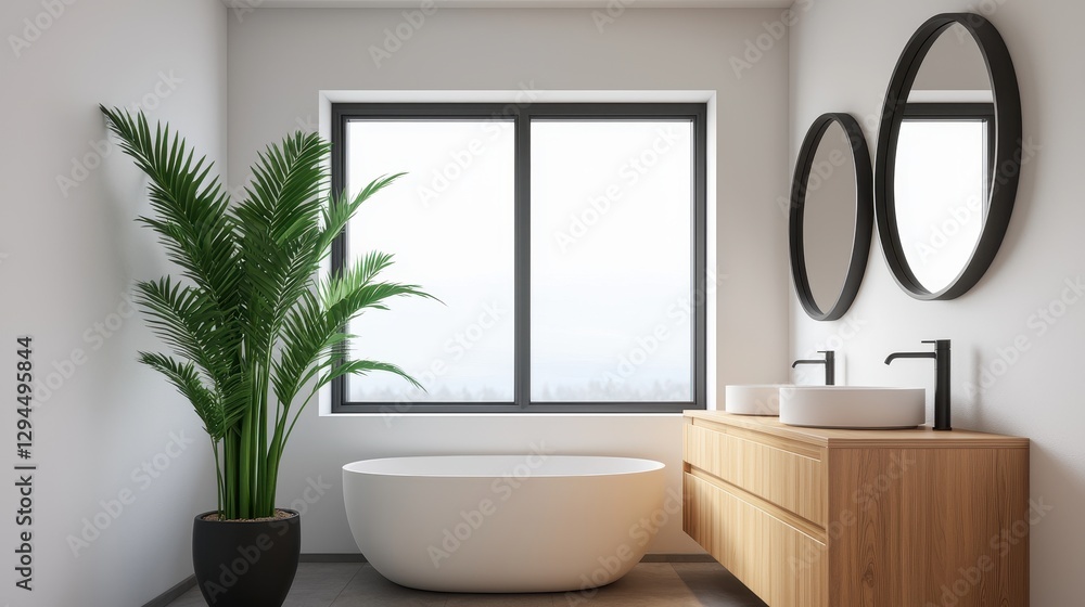 Fototapeta premium Modern and Minimalist Bathroom with Bathtub and Large Windows