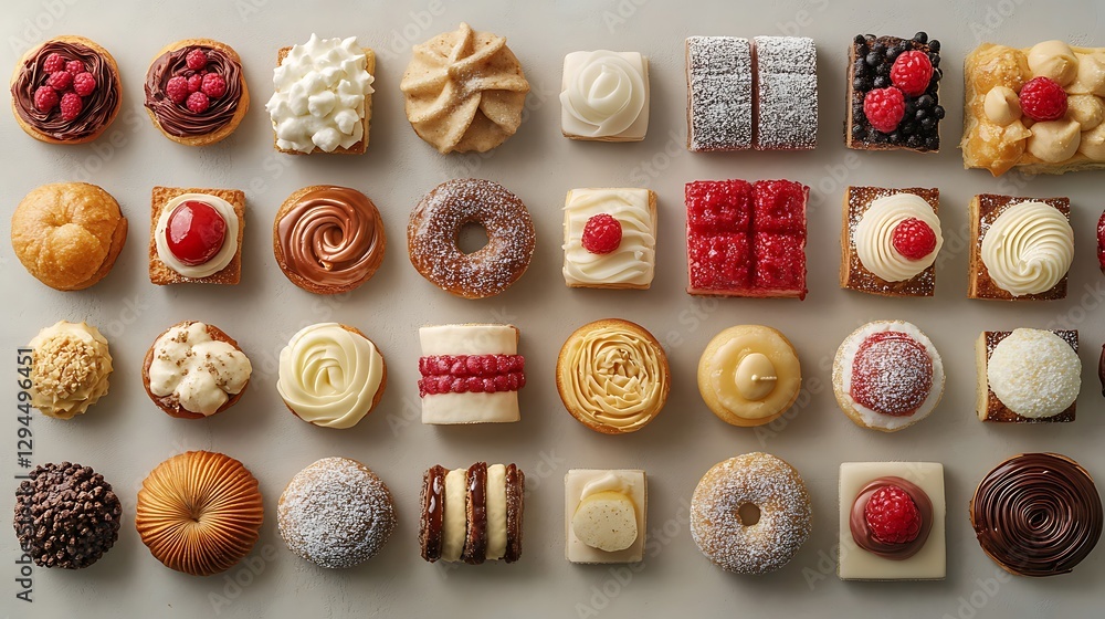 Assorted Pastries and Desserts Flat Lay Arrangement Assorted Pastries and Desserts Flat Lay Arrangement