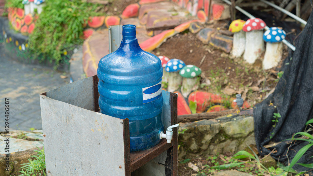 Outdoor water dispenser with plastic bottle in a garden setting view Outdoor water dispenser with plastic bottle in a garden setting view