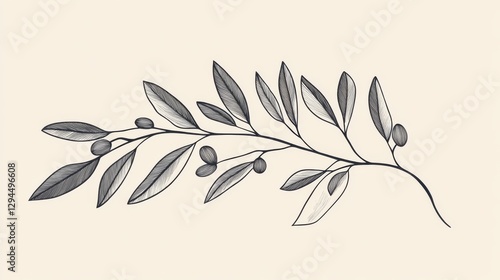 Elegant botanical drawing of olive branch with leaves and fruits