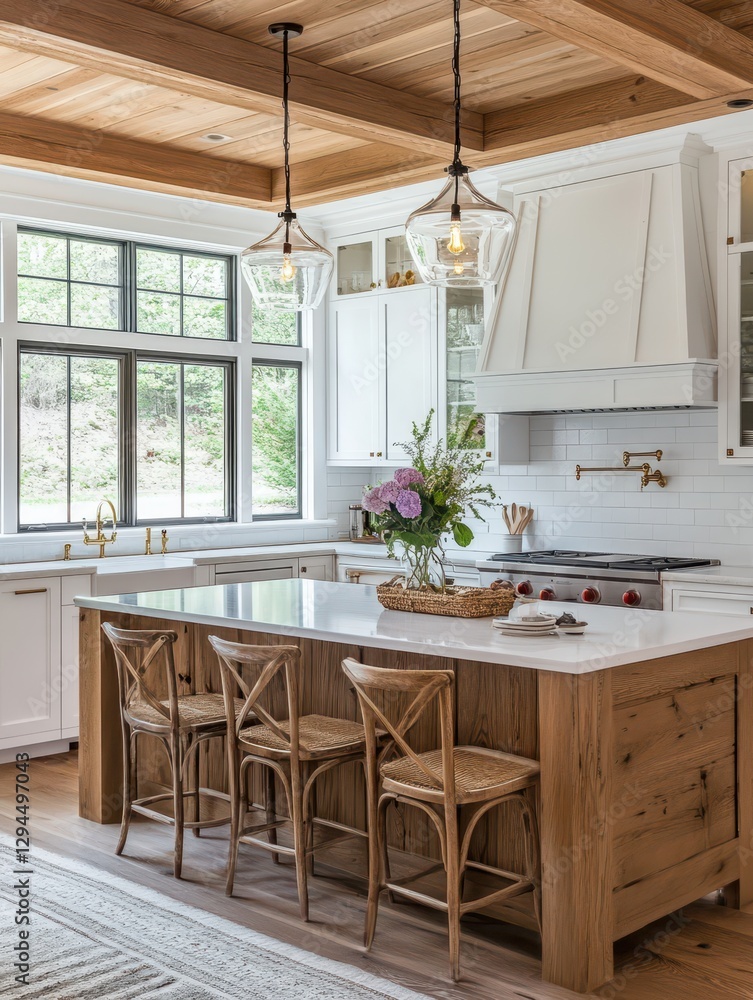 Fototapeta premium A light filled modern kitchen interior with wooden finishes